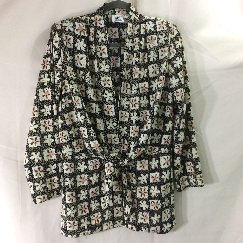 Vintage 90s Maggie Lawrence Geometric Floral Tie Waist Blazer Jacket Medium